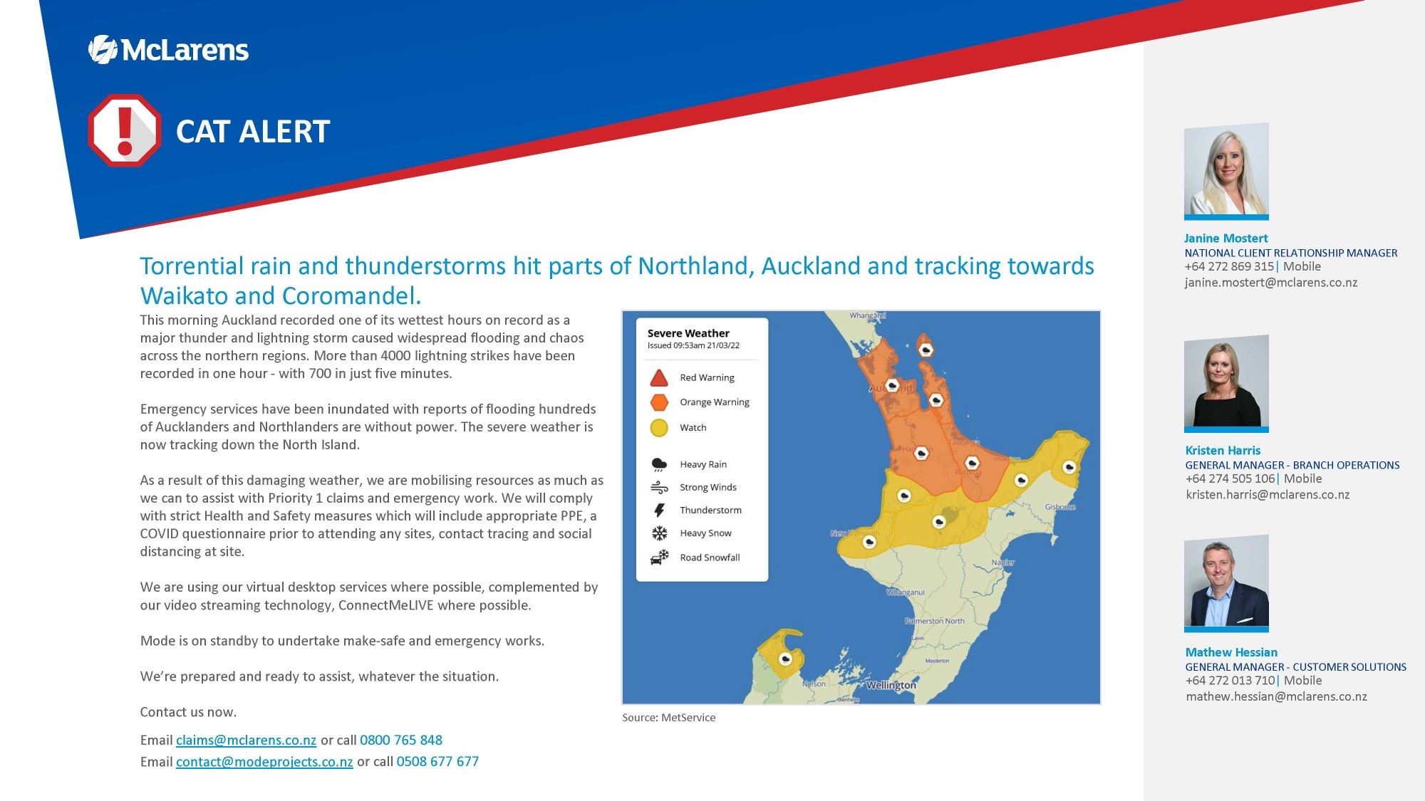 MCL CAT Alert Upper North Island Floods